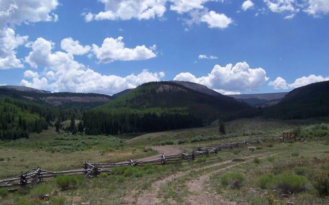 A dirt road and a split-rail fence in a green meadow near the La Garita Wilderness