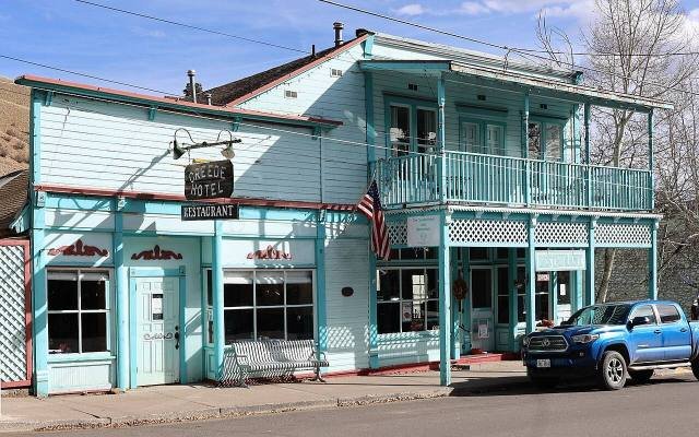 The two-storey Creede Hotel with its balcony on Main Street