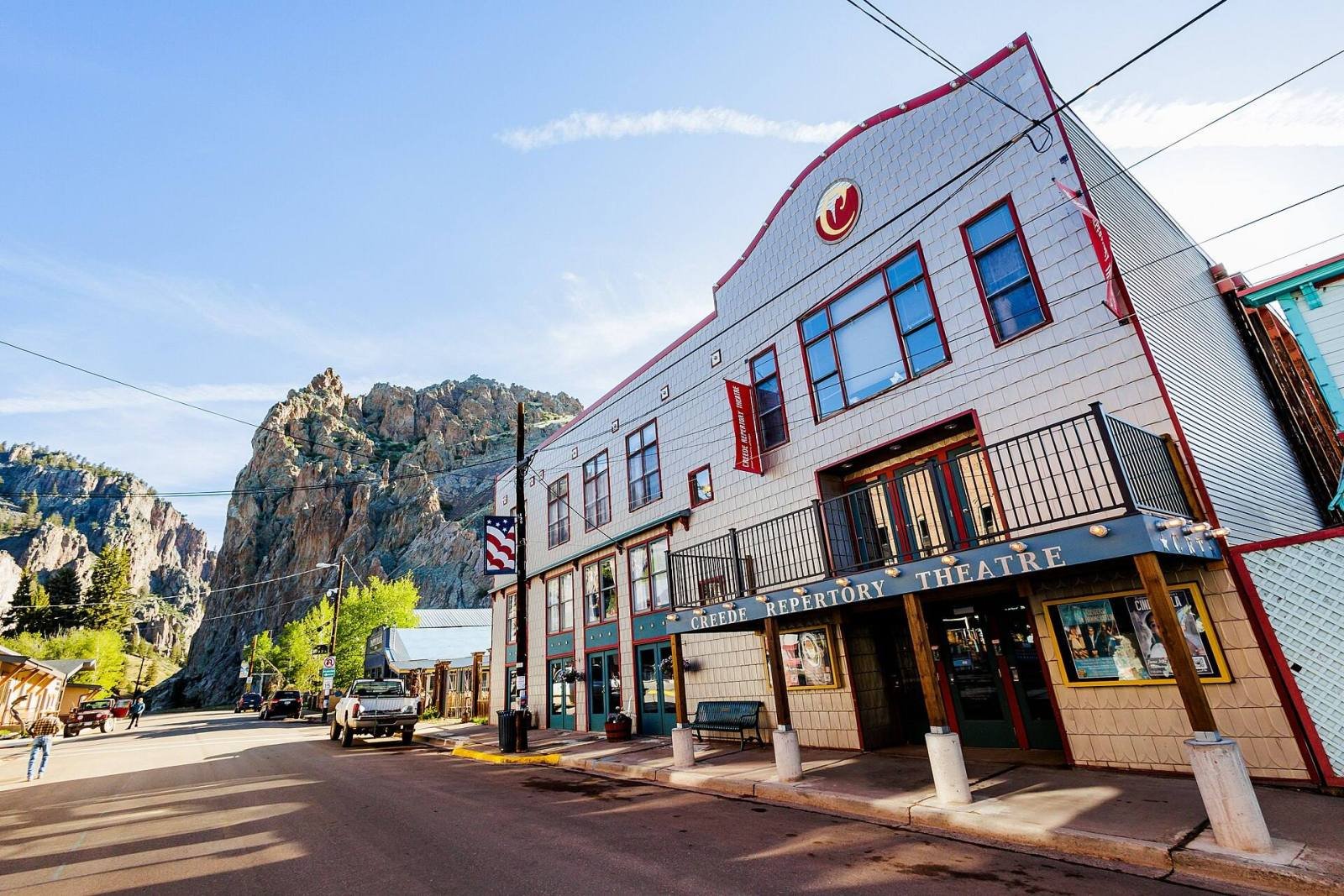 The Creede Repertory Theatre Mainstage on Main Street with cliffs behind