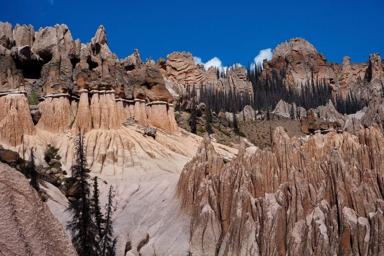 Pale spires and ridges of eroded volcanic tuff in the Wheeler Geologic Area