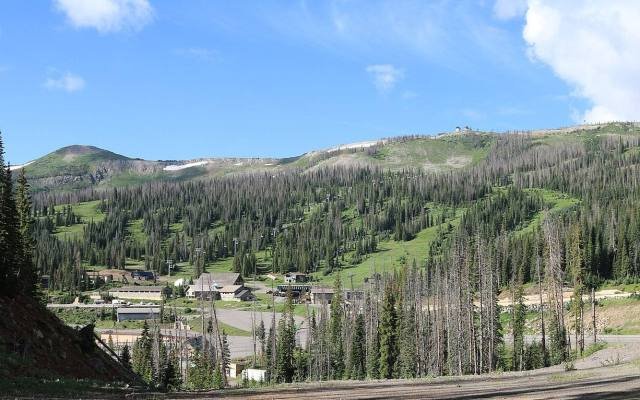 The base area and ski runs of Wolf Creek Ski Area in summer